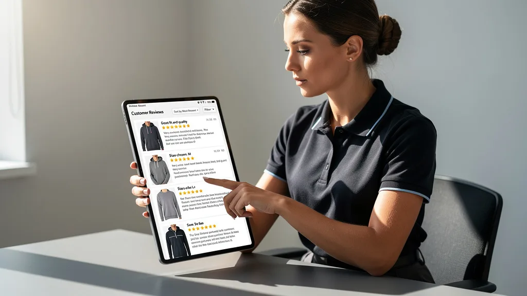 Click to manage / replace image A person reading customer reviews about clothing fit on an e-commerce website using a tablet.