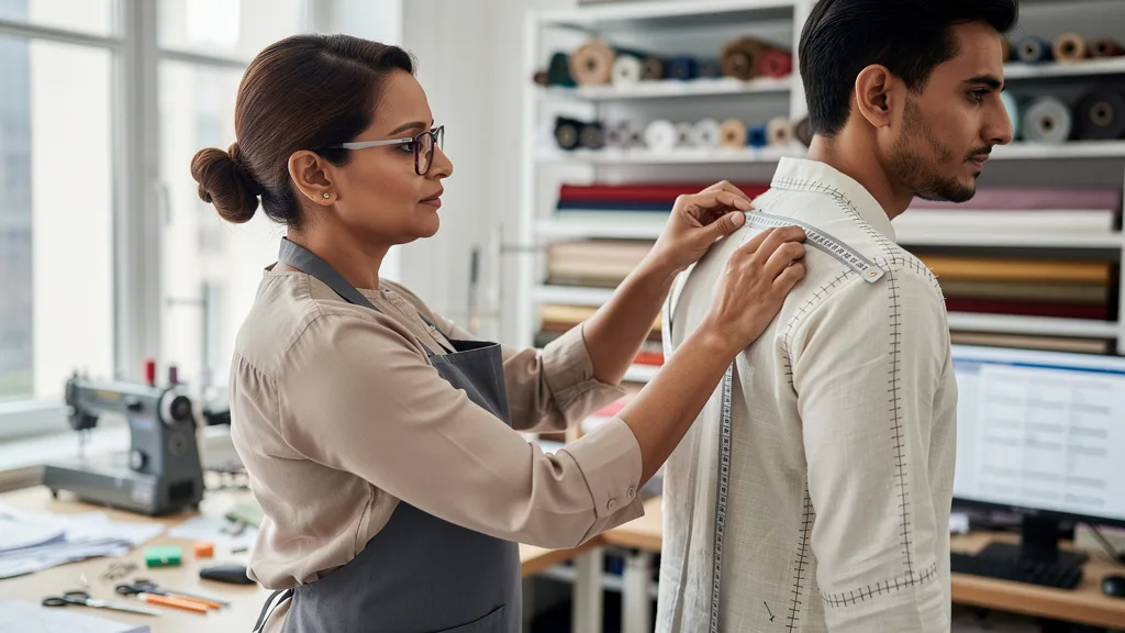 A tailor ensuring the perfect fit of a kurta by taking shoulder measurements.