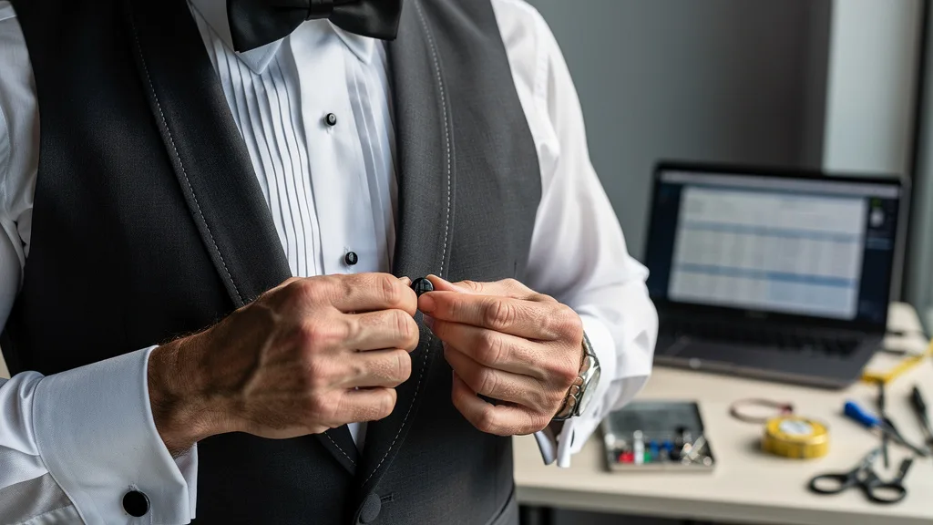 Click to manage / replace image A man fastening a stud on the pleated bib of a white formal tuxedo shirt.