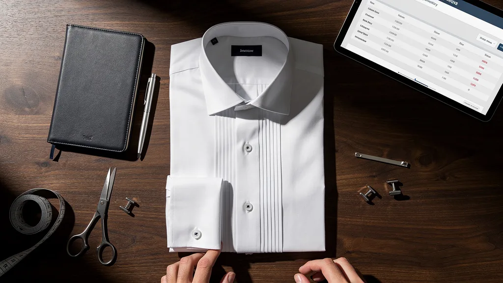 A flat lay of a formal shirt highlighting its wingtip collar, French cuffs, and stud placket.