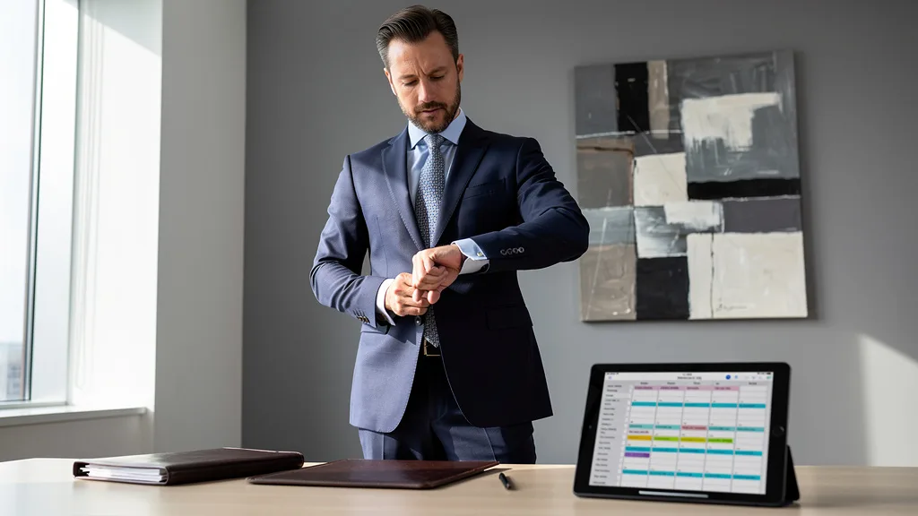 Click to manage / replace image A man wearing a navy suit with matching dark brown leather monk strap shoes and belt.