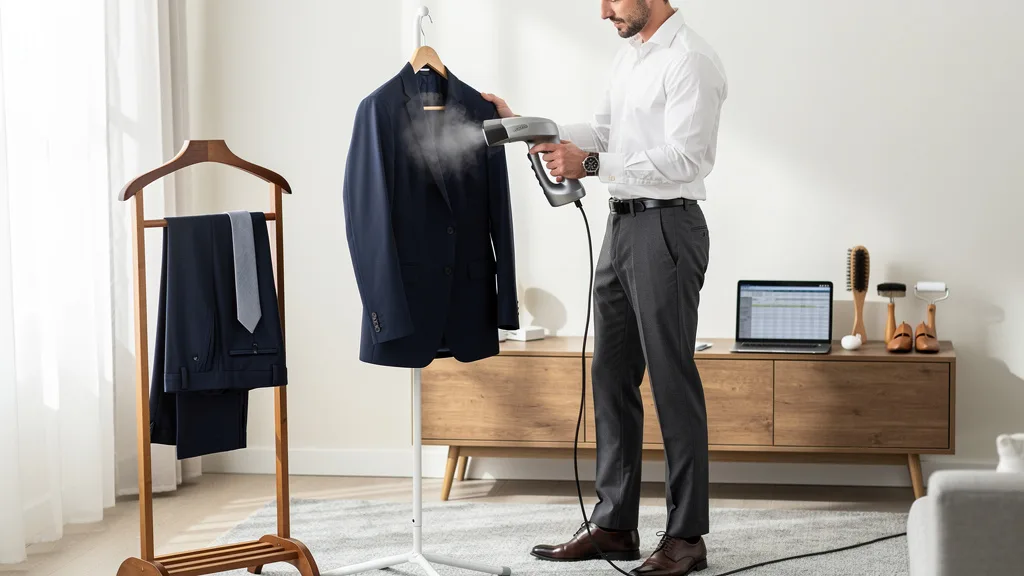 Click to manage / replace image A suit being placed into a breathable garment bag for long-term storage.