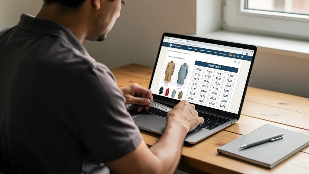 A person comparing their body measurements to an online kurta pyjama sizing guide on a laptop.