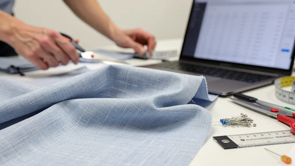 Click to manage / replace image A macro photograph showing the detailed plain weave of a light blue chambray fabric.