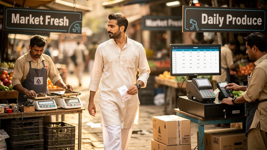 Man styled in a light-colored cotton kurta and linen trousers in a summer market.