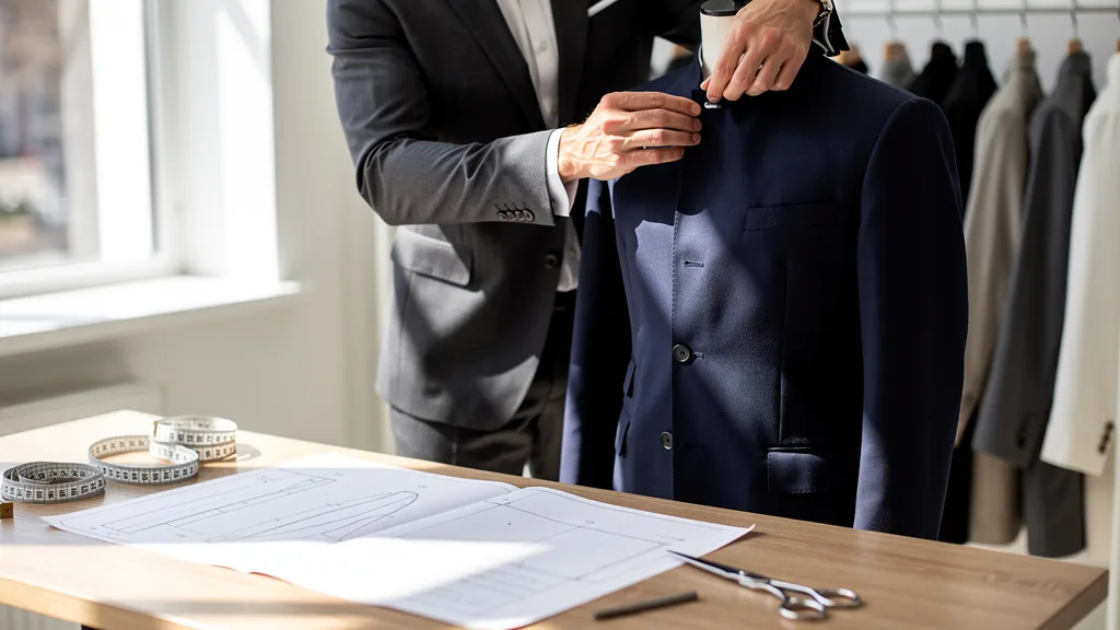 Click to manage / replace image A hand feeling the different textures of premium suit fabrics like wool and tweed.