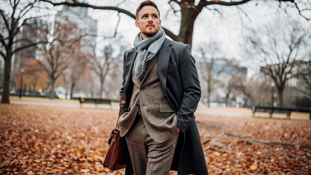 Click to manage / replace image A man in a warm tweed suit appropriate for autumn or winter weather.