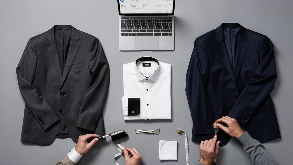 A contrast collar shirt laid out with charcoal and navy suit jacket options.