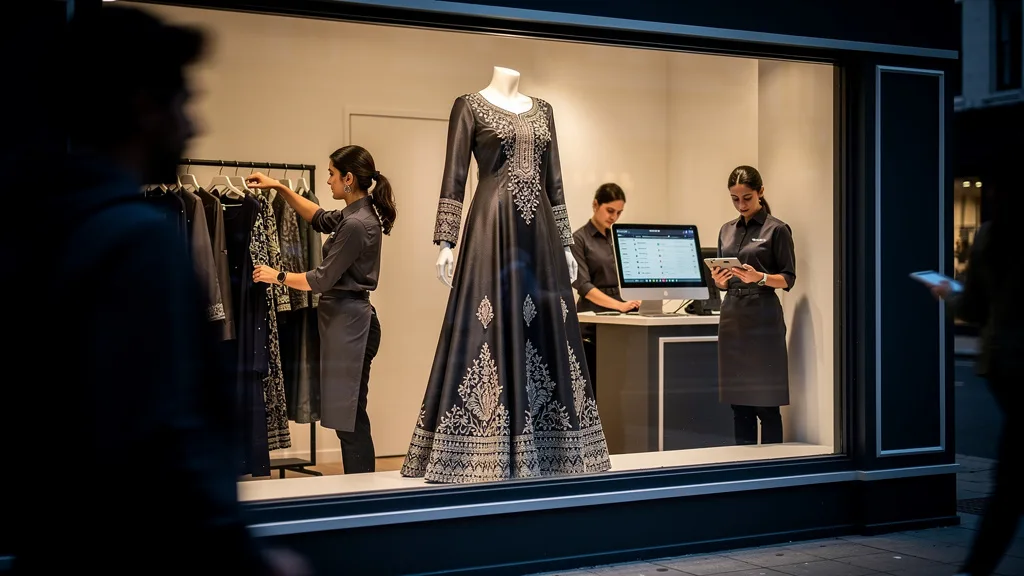 An elegant formal gown with intricate embroidery displayed on a mannequin.