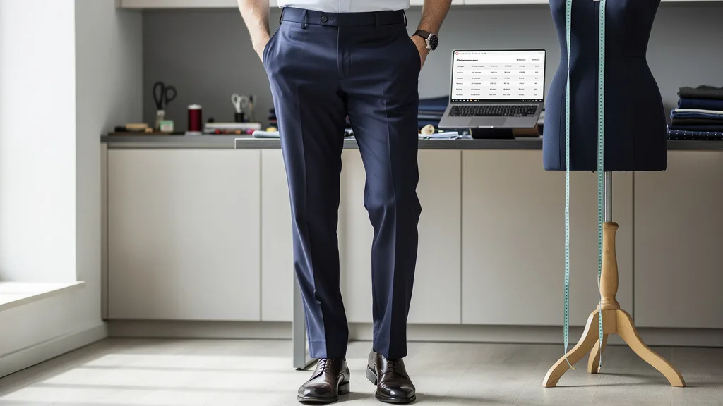 Man wearing perfectly fitting navy trousers that show a slight break over his dress shoes.