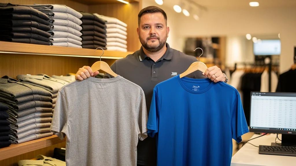 Click to manage / replace image A side-by-side comparison of a cotton shirt and a blended fabric shirt on hangers.