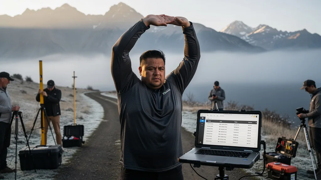 Man in a XXXL performance shirt stretching outdoors on a cool morning.