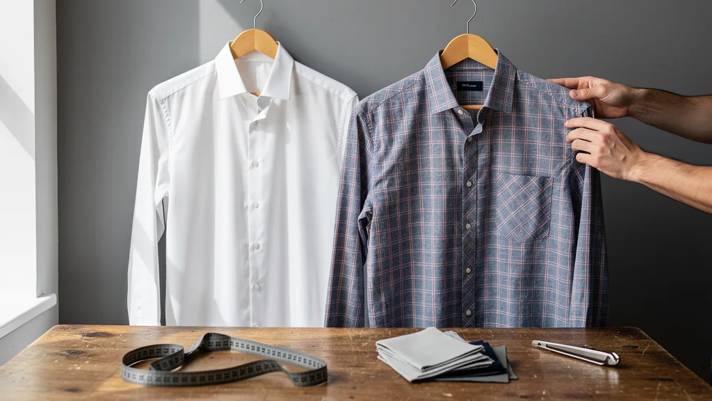 Comparison of a formal white dress shirt and a casual plaid shirt.