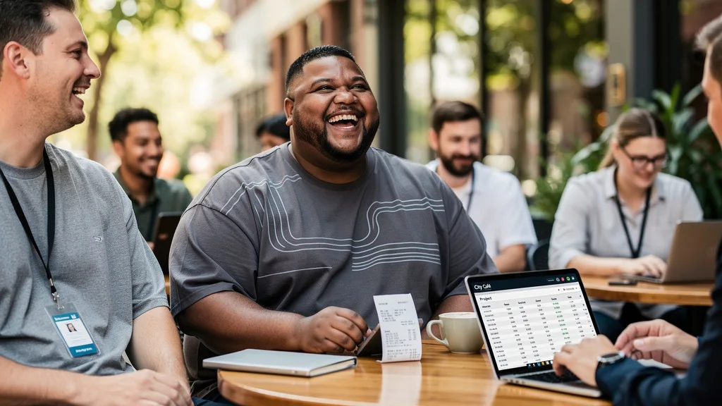 A man wearing a fashionable XXXL t-shirt while enjoying time with friends at a cafe.