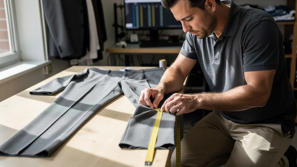 Measuring the inseam of a pair of suit trousers laid flat on a surface.
