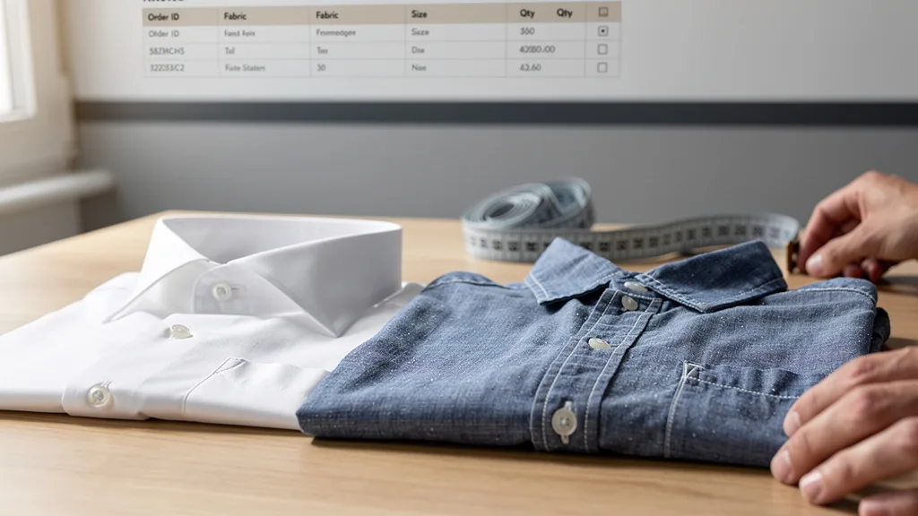 Side-by-side comparison of a smooth white formal shirt fabric and a textured blue casual shirt fabric.