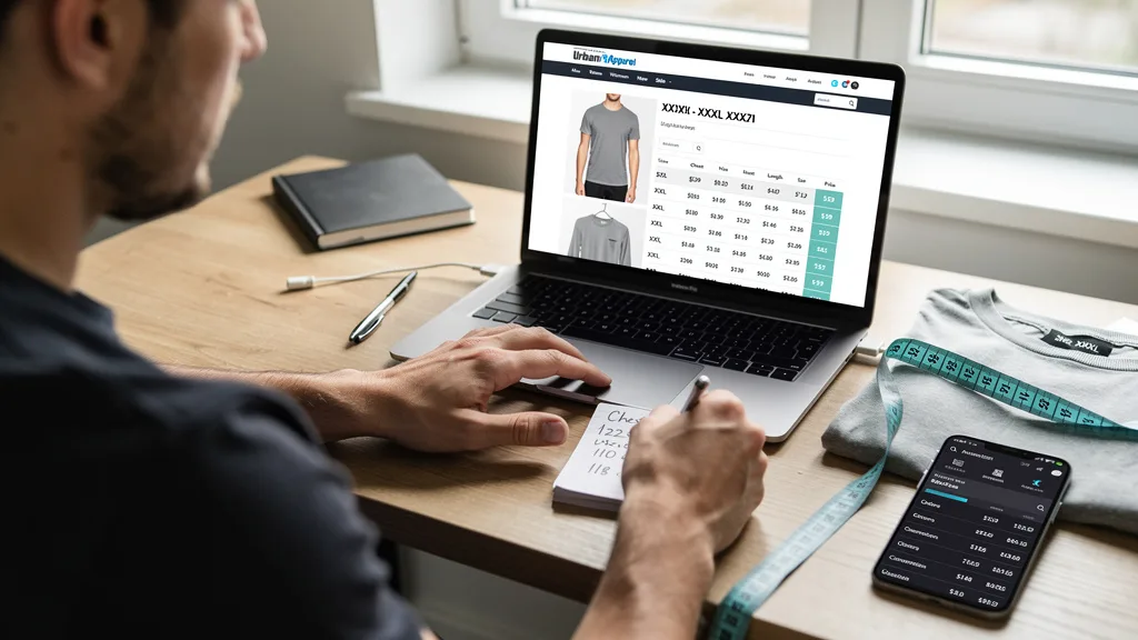 A person comparing their personal measurements to an online XXXL shirt size chart on a laptop.