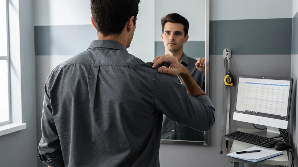 A person in front of a mirror checks that the shoulder seam of their shirt aligns with their shoulder.