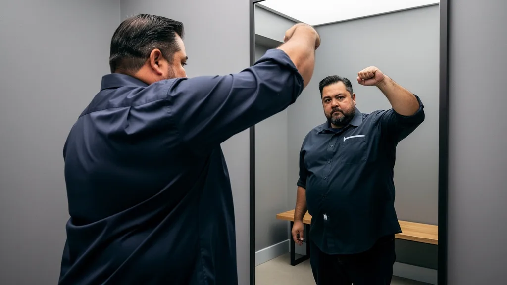 A man in a new XXXL shirt performs a movement test in a mirror to check the fit and comfort.