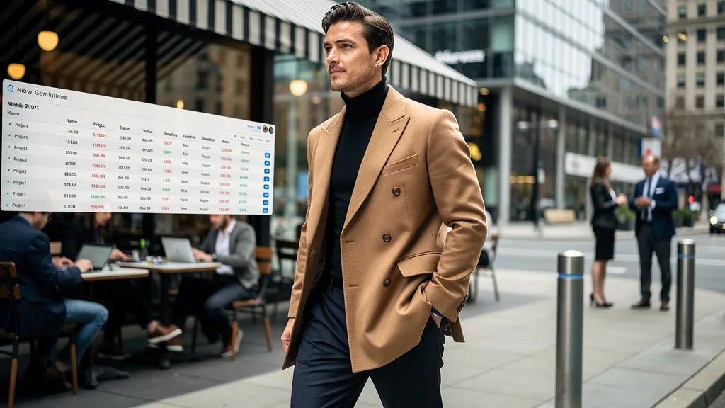 Click to manage / replace image A man demonstrating a smart casual way to wear a double-breasted jacket with a turtleneck.