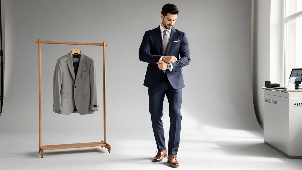 Click to manage / replace image A man in a navy suit adjusting his silver watch, with cufflinks visible.