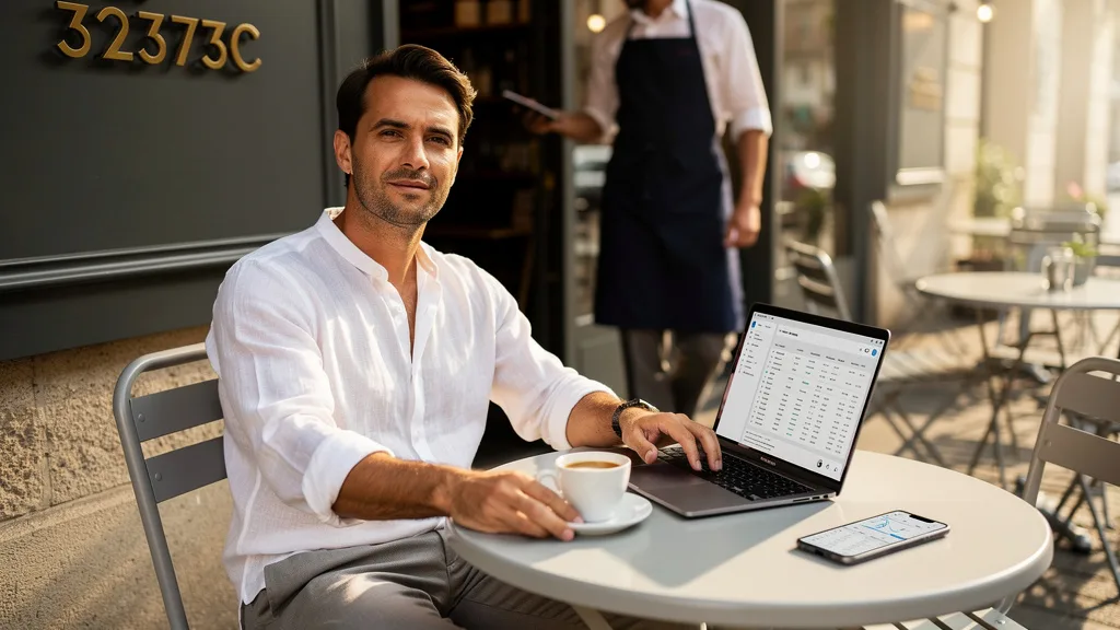 Man wearing a minimalist band collar shirt at a cafe.