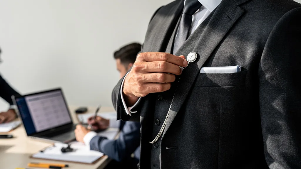 Detailed view of the accessories complementing a three-piece suit.