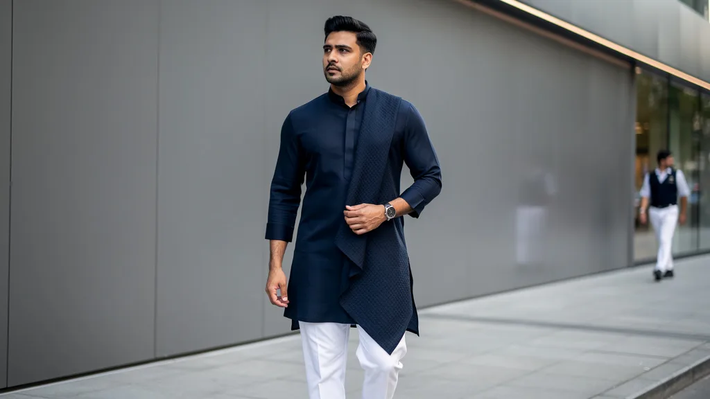 A man wearing a modern asymmetrical blue kurta with white trousers in a city.