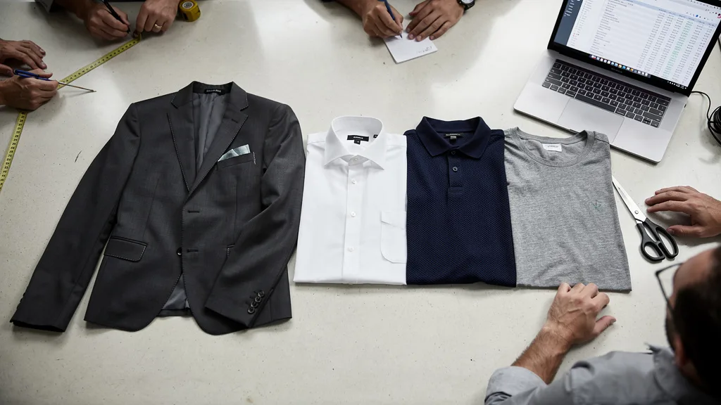 Click to manage / replace image A selection of shirts including a button-down, polo, and t-shirt suitable for a tieless suit.