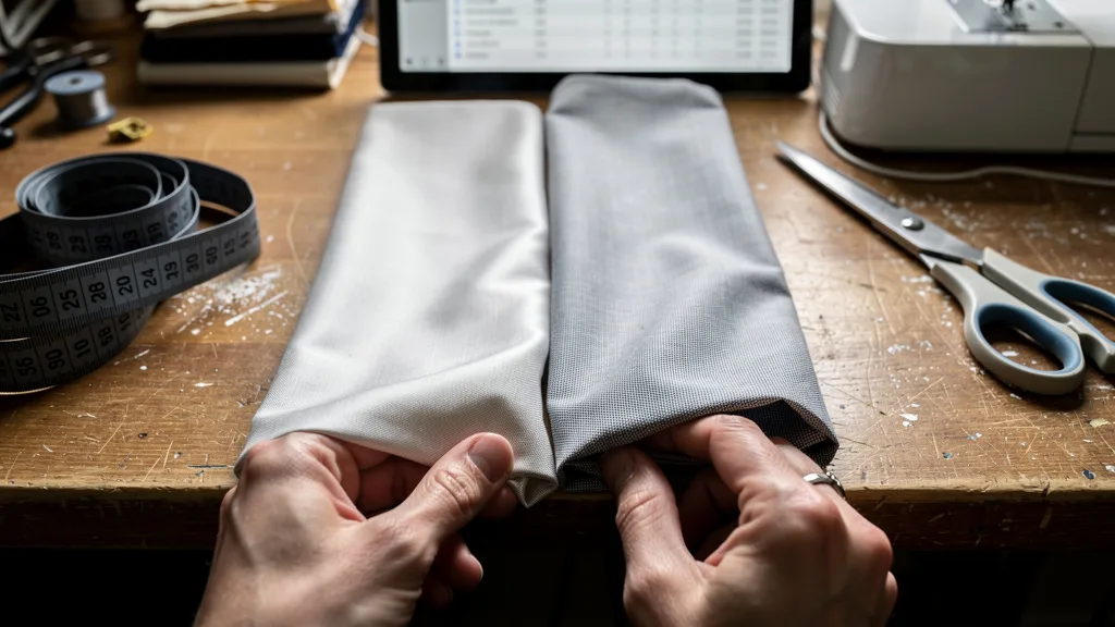 Click to manage / replace image A comparison of smooth premium shirt fabric next to a coarser regular shirt fabric.