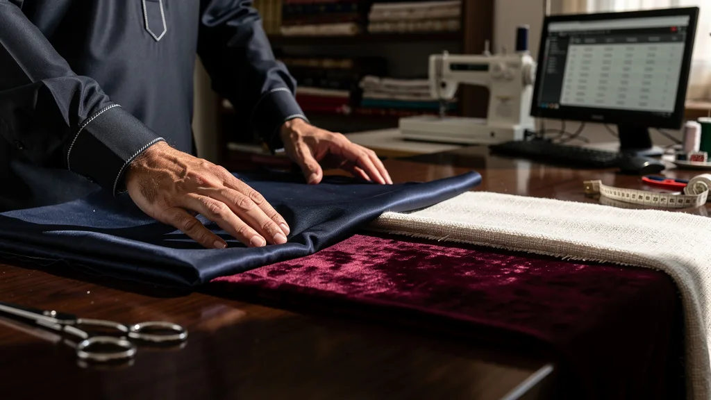 Click to manage / replace image A selection of luxurious fabric swatches including silk, velvet, and linen for a wedding kurta.