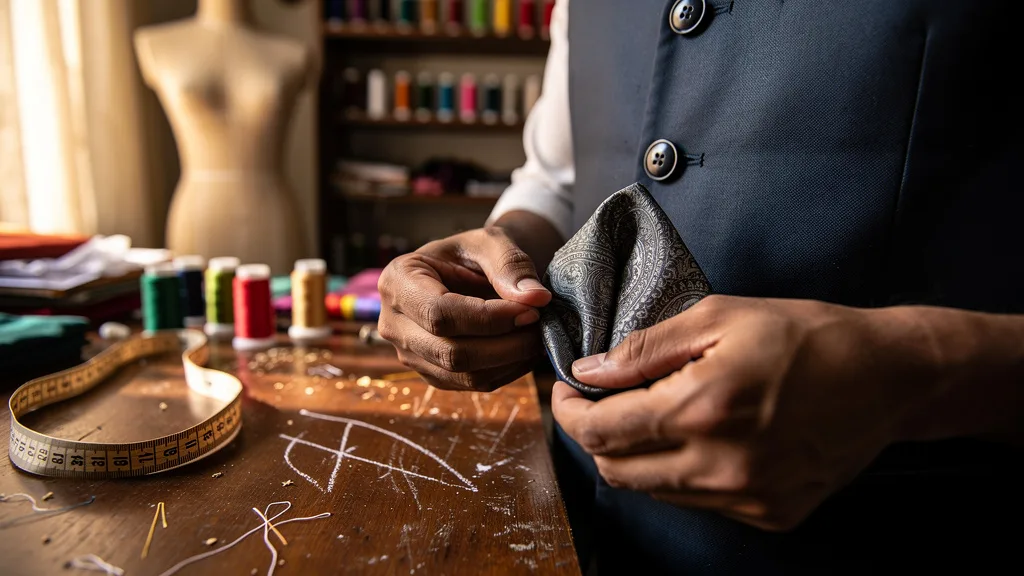 Click to manage / replace image Man tucking a colorful paisley silk pocket square into his waistcoat pocket.