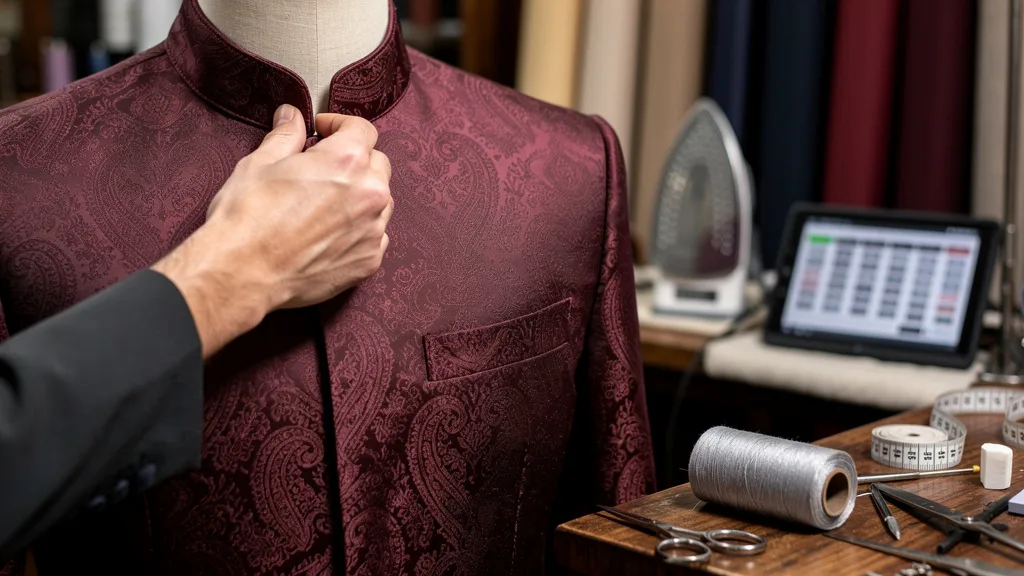 Click to manage / replace image Detailed view of a maroon brocade Nehru jacket highlighting its mandarin collar.
