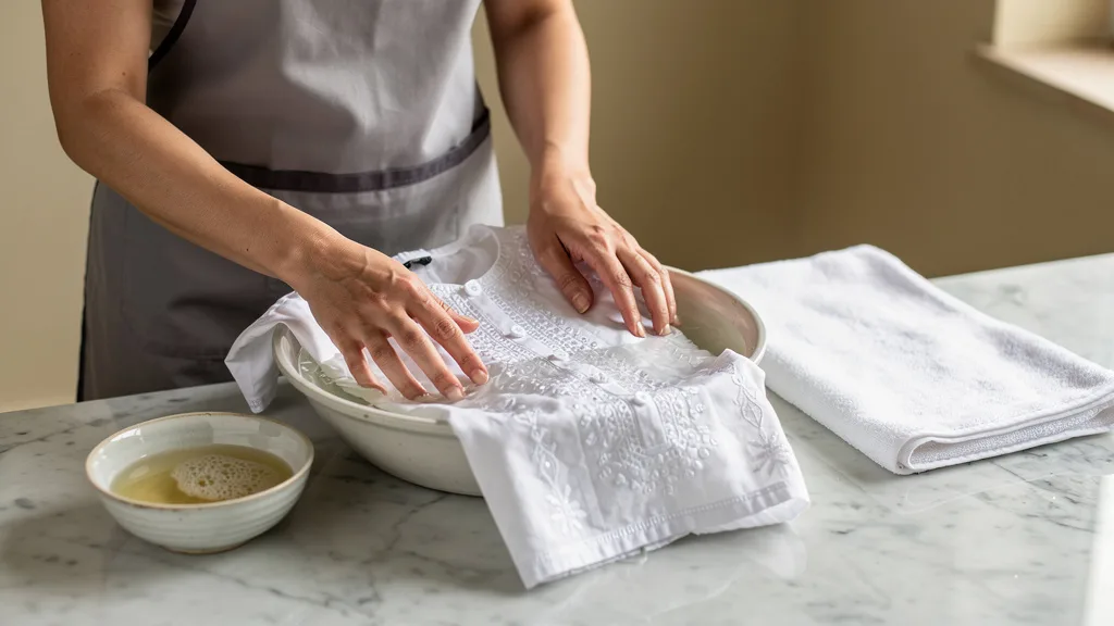 Click to manage / replace image Ironing the reverse side of a Chikankari kurti on low heat to protect the embroidery.