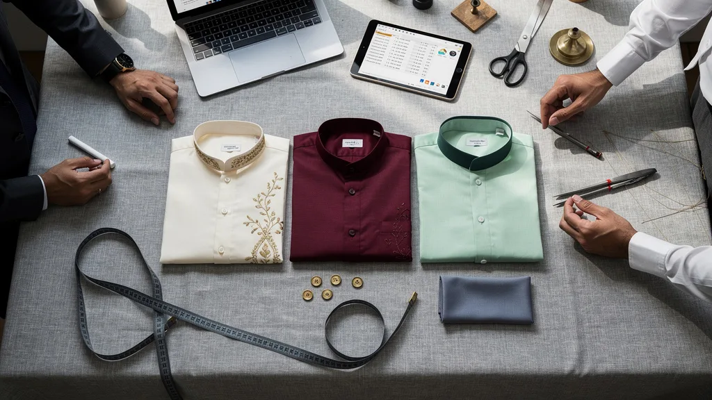 Click to manage / replace image A collection of kurtas in timeless ivory, rich burgundy, and trendy pastel green.
