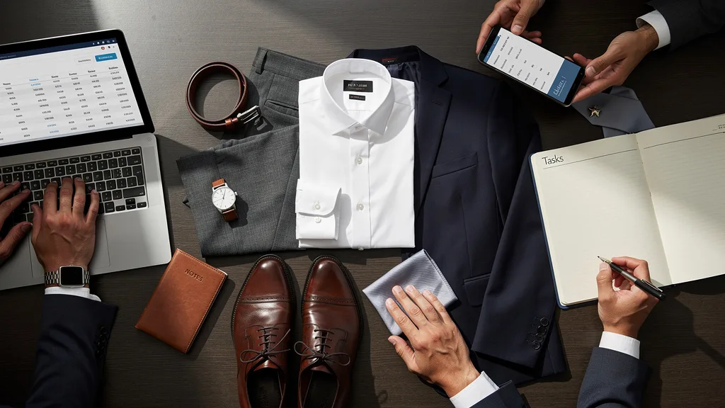 Click to manage / replace image A flat lay of a complete wedding guest outfit including a shirt, blazer, trousers, and accessories.