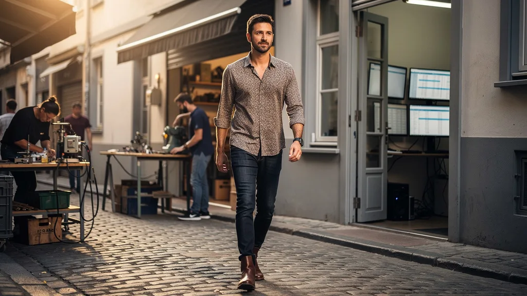A man looking sharp in a casual shirt paired with dark-wash jeans and boots.