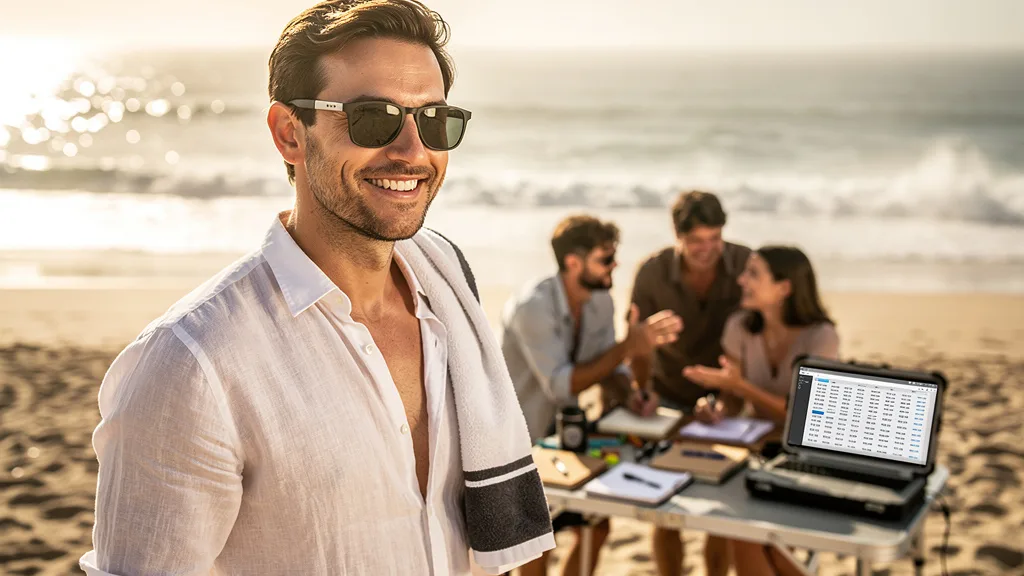 A man in a white linen shirt enjoying a sunny day on the beach.