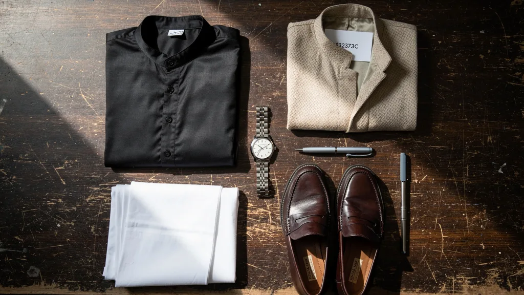 Styling elements for a black kurta, including a jacket, churidar, and accessories, laid out neatly.