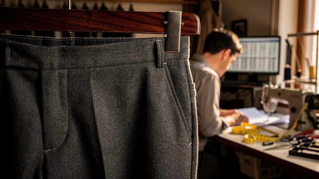 Close-up detail of the fabric on a pair of high-quality wool trousers.