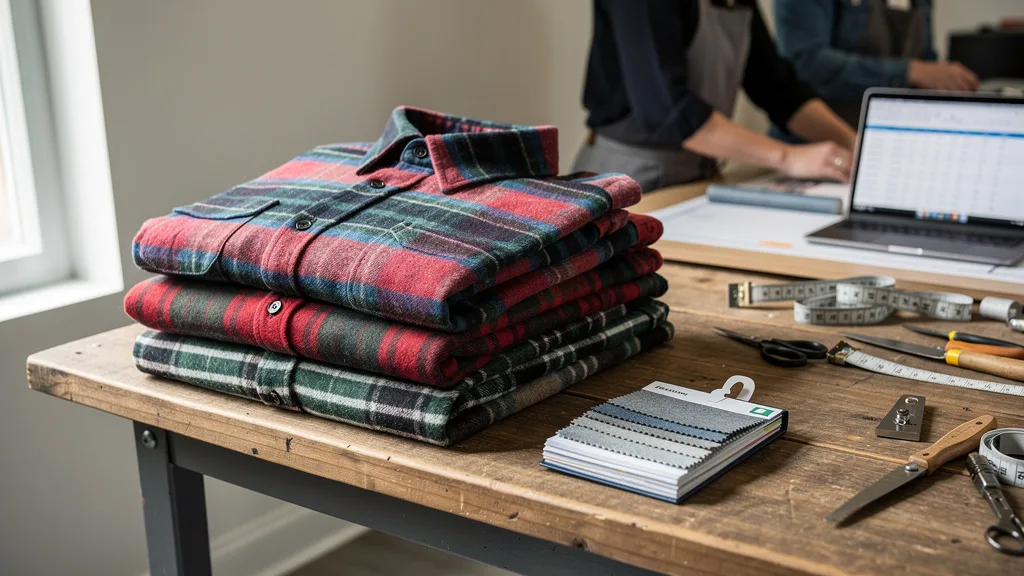 A stack of colorful, soft plaid flannel shirts ready for winter wear.