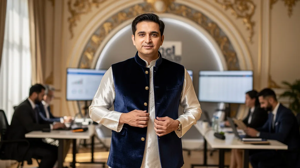 Click to manage / replace image A man pairing a white kurta with a contrasting navy blue Nehru jacket for a formal wedding look.