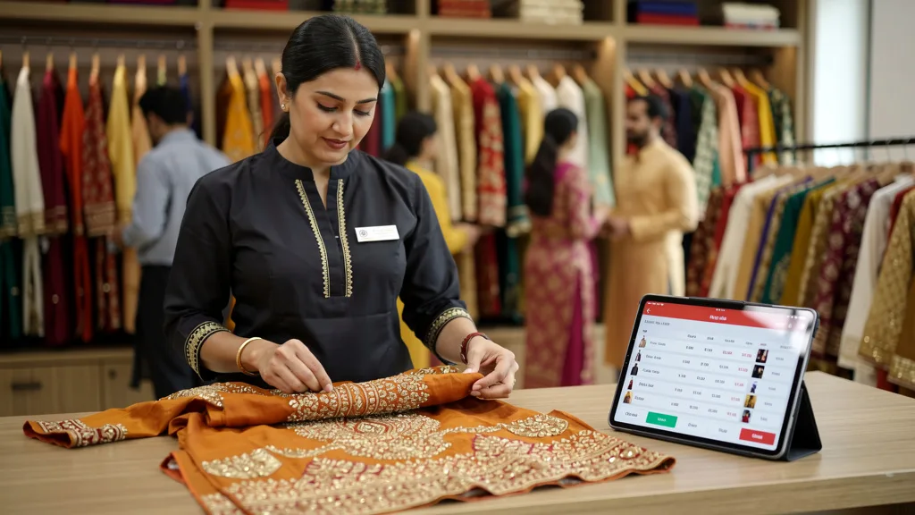 People doing real work about Best Kurtas, with tools or a screen showing working data,