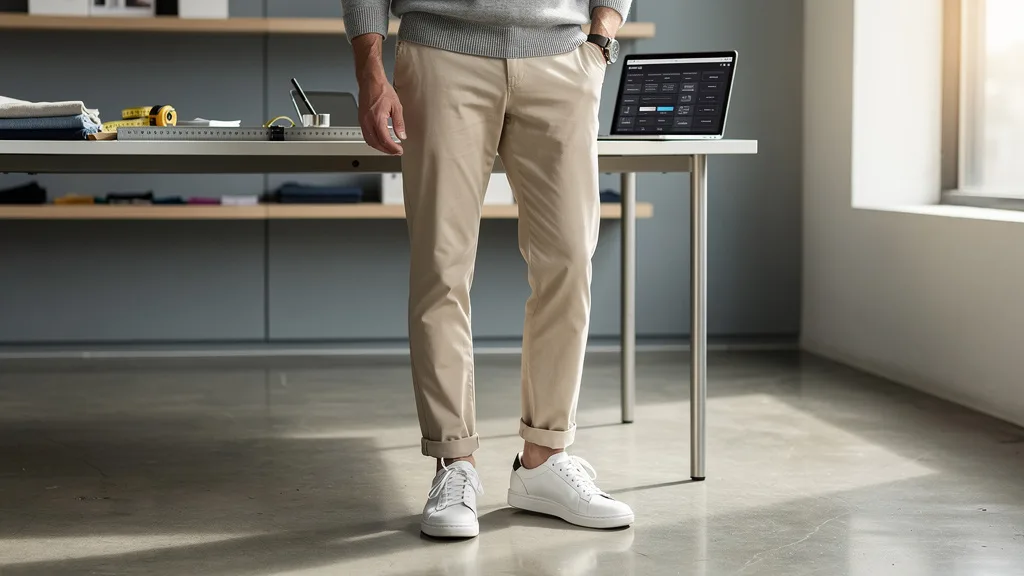 Close-up of beige chinos paired with clean white leather sneakers.