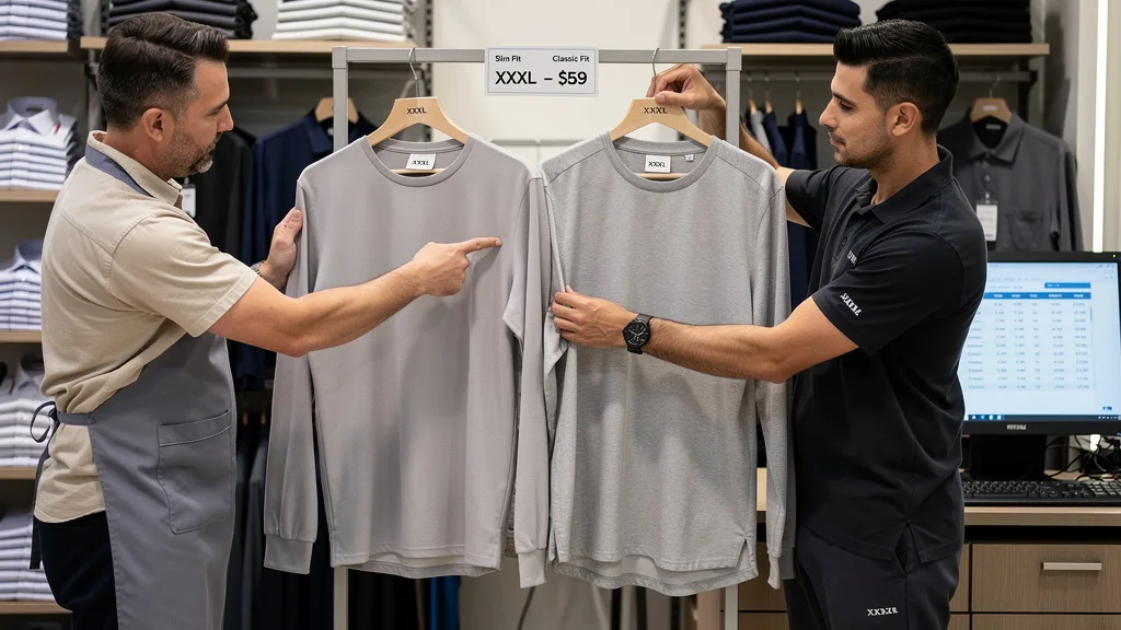 Click to manage / replace image Two XXXL shirts on a rack, one slim fit and one classic fit, showing the difference in cut.