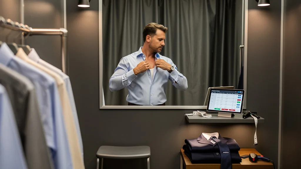 Man trying on a light blue dress shirt to ensure a perfect fit for a wedding.