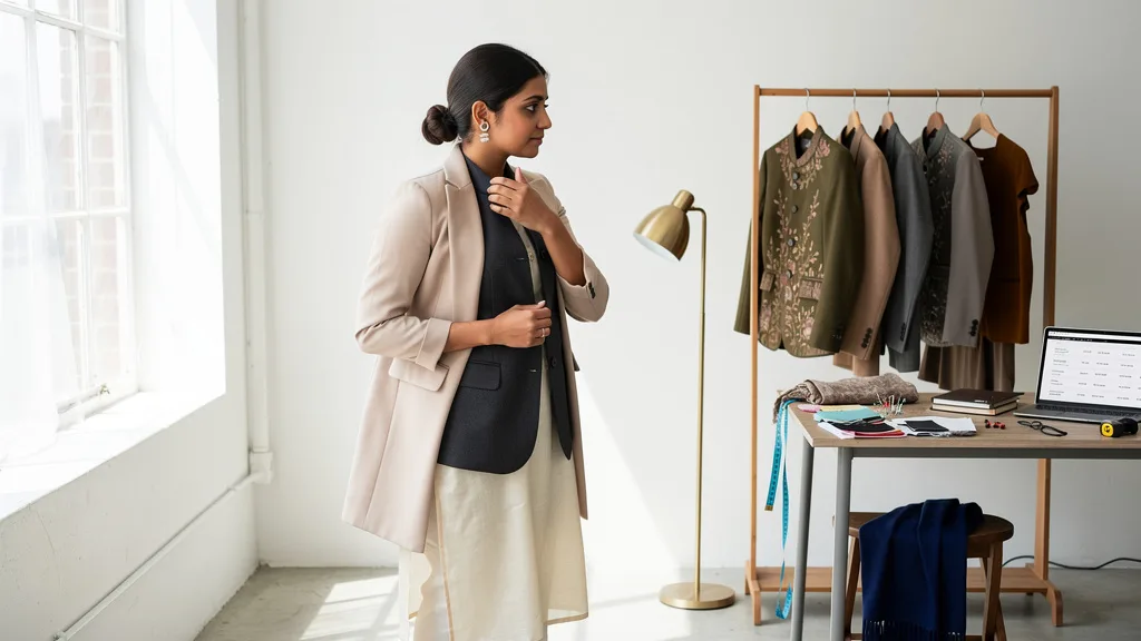Click to manage / replace image A man adjusts the collar of his structured Nehru jacket while looking in a mirror.