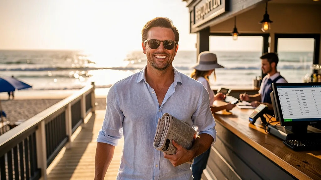 Click to manage / replace image Man wearing a breathable linen shirt on a sunny beach, ideal for summer heat.