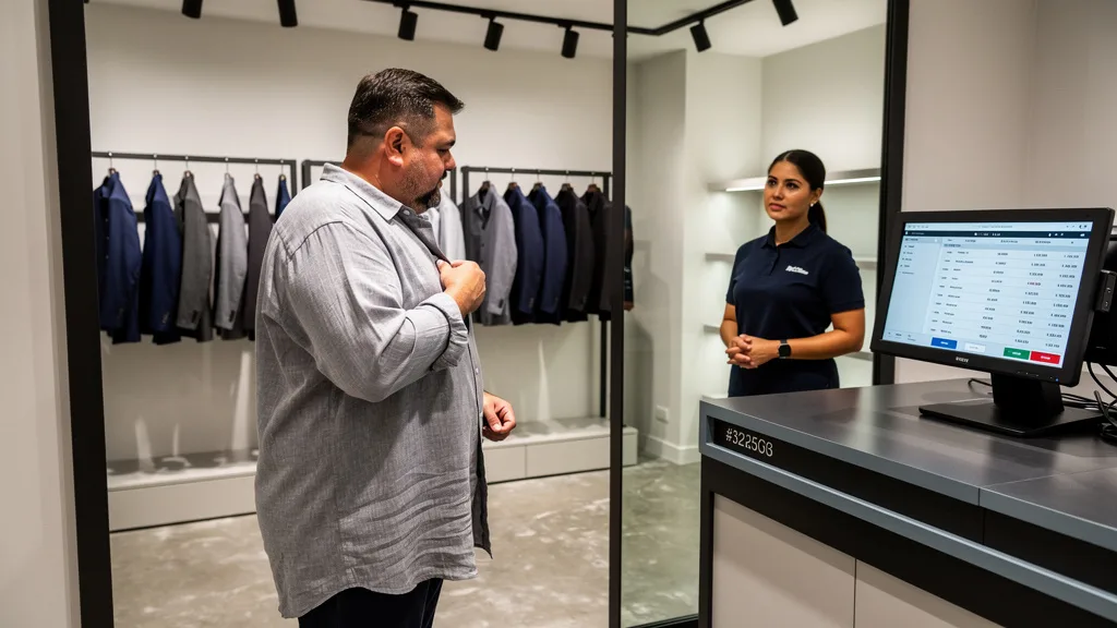 A man choosing the right fabric blend for a premium XXXXL shirt for a specific occasion.