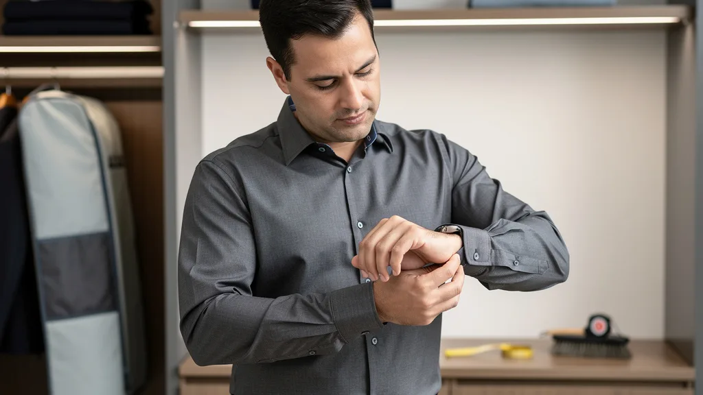A man carefully rolling up the sleeves of his casual shirt for a polished look.